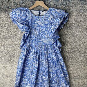 Zara Dress Womens Small Blue White Floral Ruffle Sleeve Summer Casual Romania